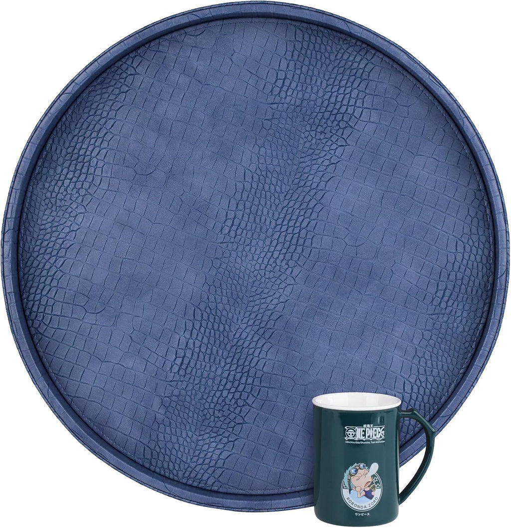 HofferRuffer Round Serving Tray 20'', Elegant Faux Leather Circle Ottoman Table Tray, Serve Tea Coffee Breakfast in Bedroom Living Room Kitchen (Blue, 20")