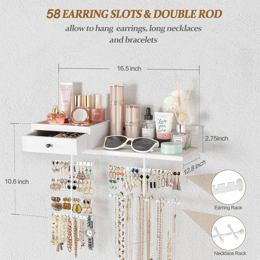 VINAEMO Jewelry Organizer Hanging Wall Mounted Jewelry Holder with Rustic Wood Drawer & Large Capacity Storage Shelf Rack Display for Earrings Rings Necklaces Bracelet(White Iron)