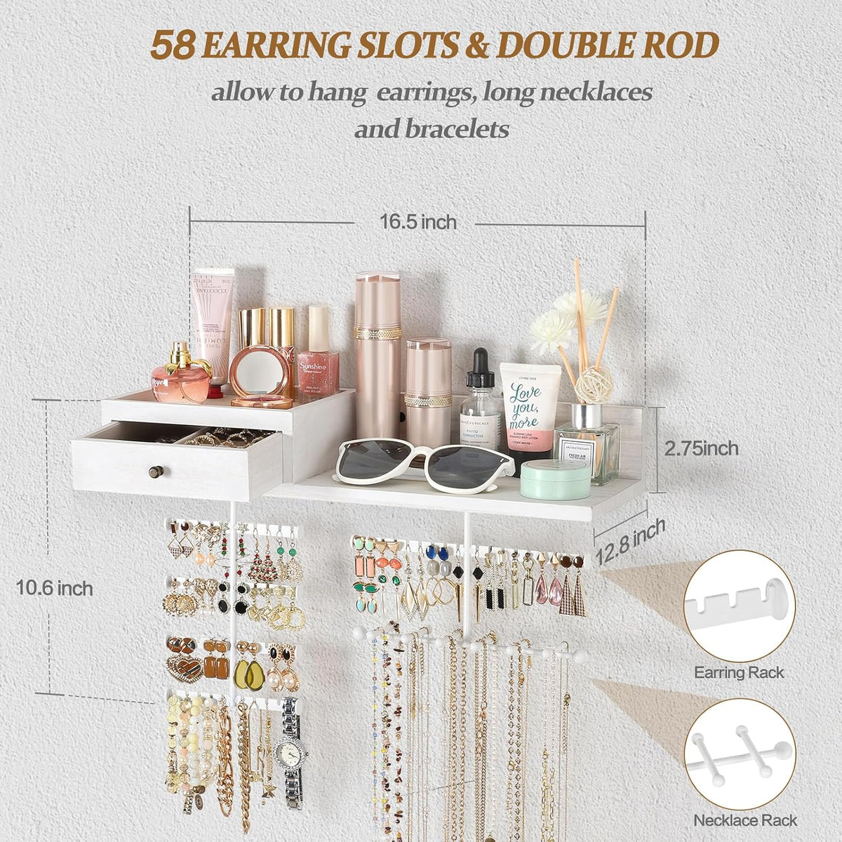 VINAEMO Jewelry Organizer Hanging Wall Mounted Jewelry Holder with Rustic Wood Drawer & Large Capacity Storage Shelf Rack Display for Earrings Rings Necklaces Bracelet(White Iron)