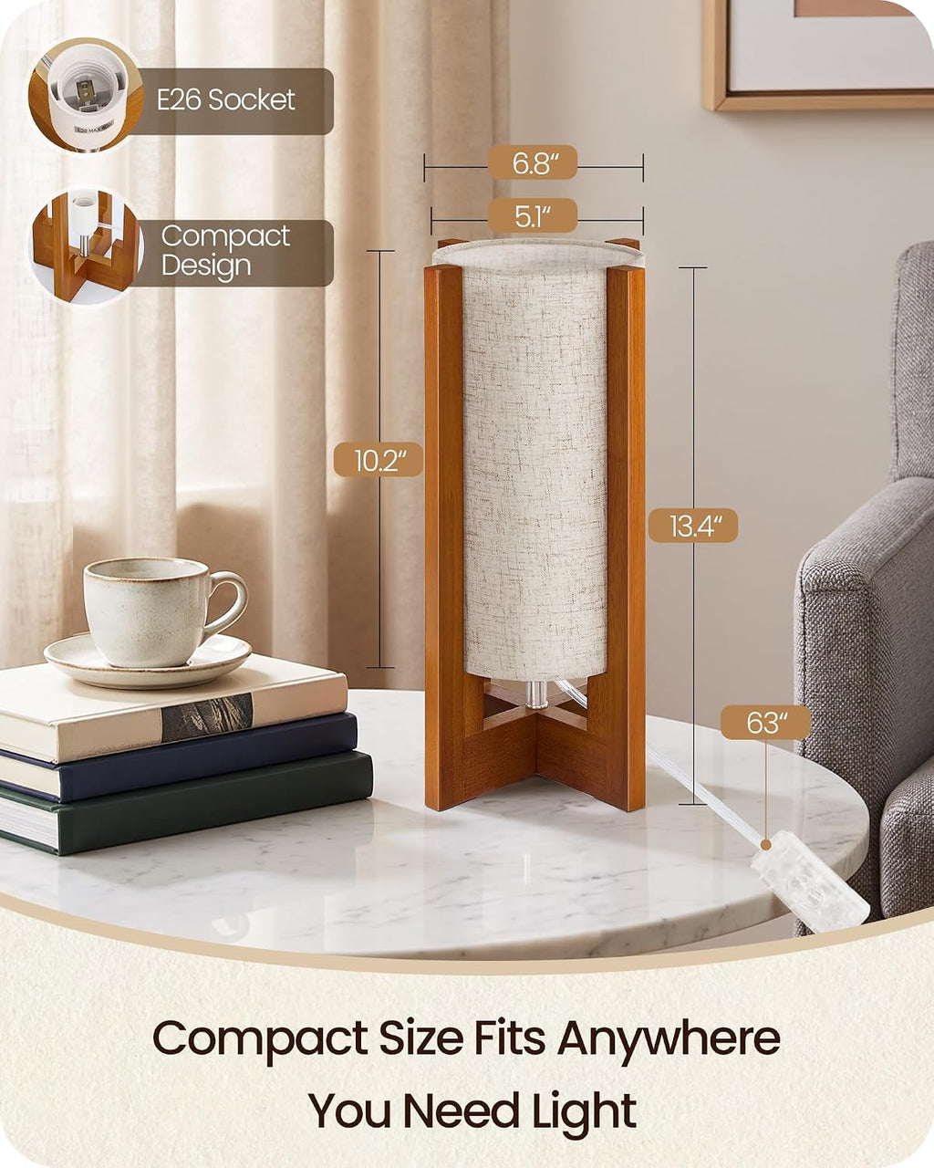 Small Table Lamp, 13.4" Wood Bedside Lamp with A19 LED Bulb