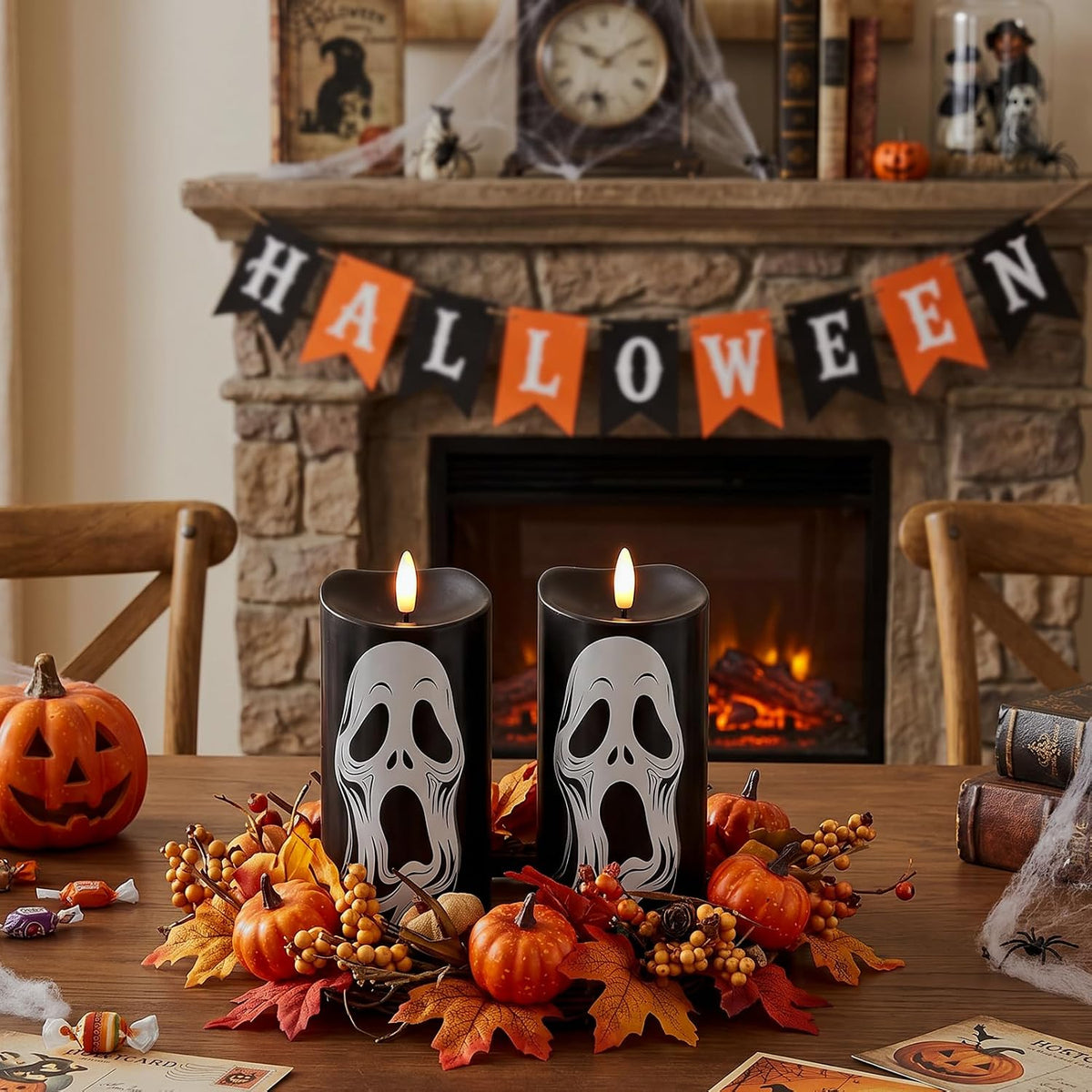 Halloween Black Flameless Pillar Candles with Ghost Decals, 2PCS