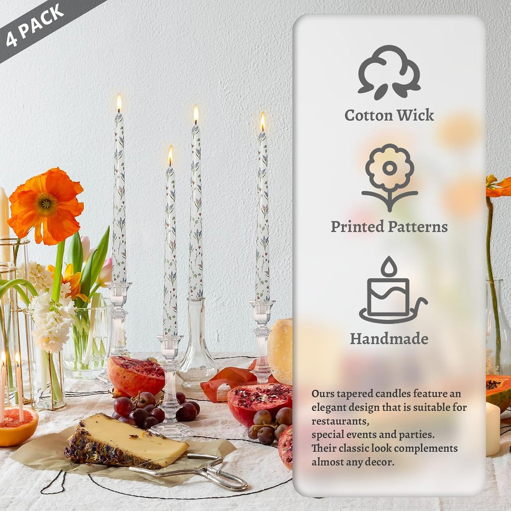 Floral Taper Candle Spiral Candlesticks - Set of 4 Trefoil Unscented Twisted Candle 10 Inch Cute Candle Sticks Print Tapered Candles for Home Wedding Dinner