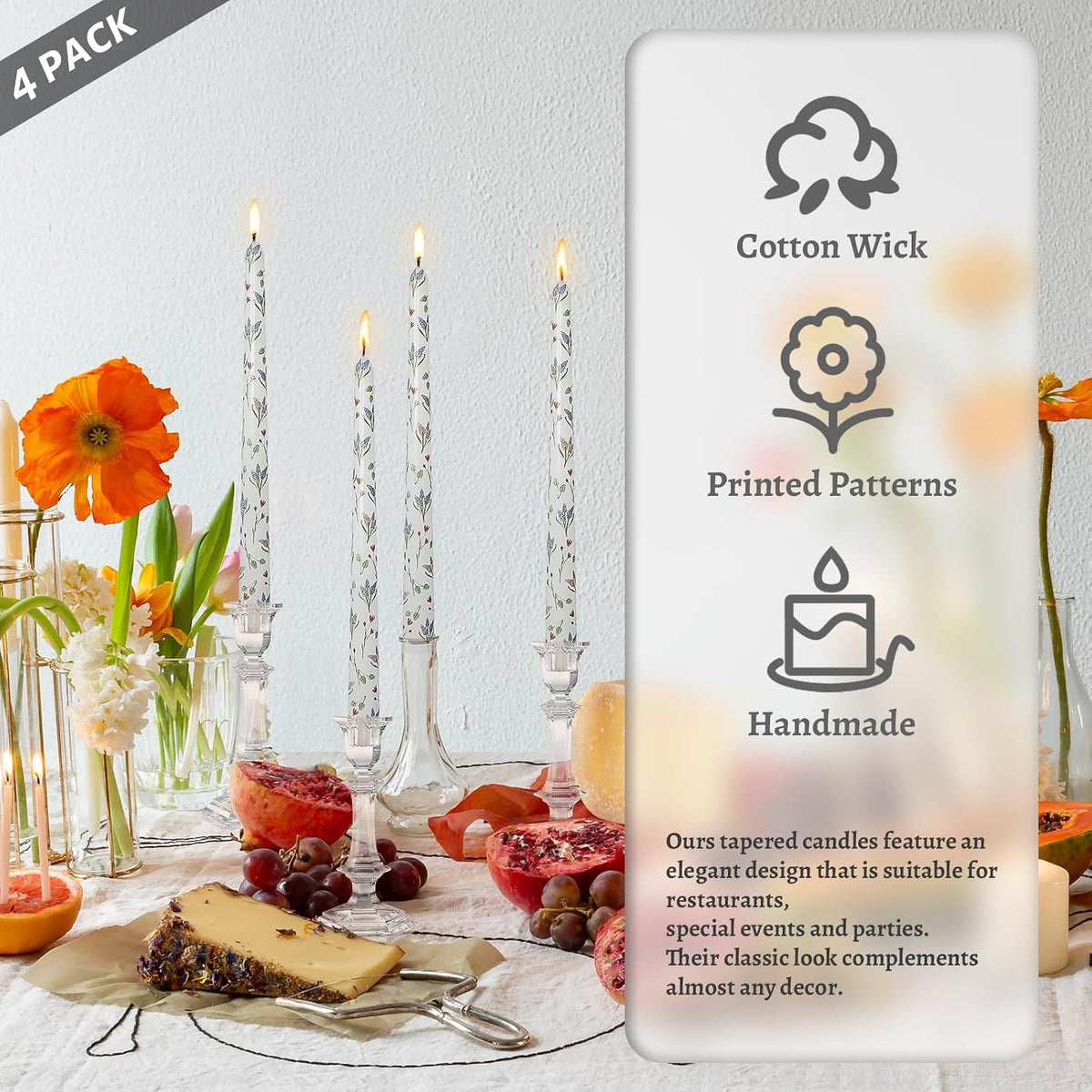 Floral Taper Candle Spiral Candlesticks - Set of 4 Trefoil Unscented Twisted Candle 10 Inch Cute Candle Sticks Print Tapered Candles for Home Wedding Dinner
