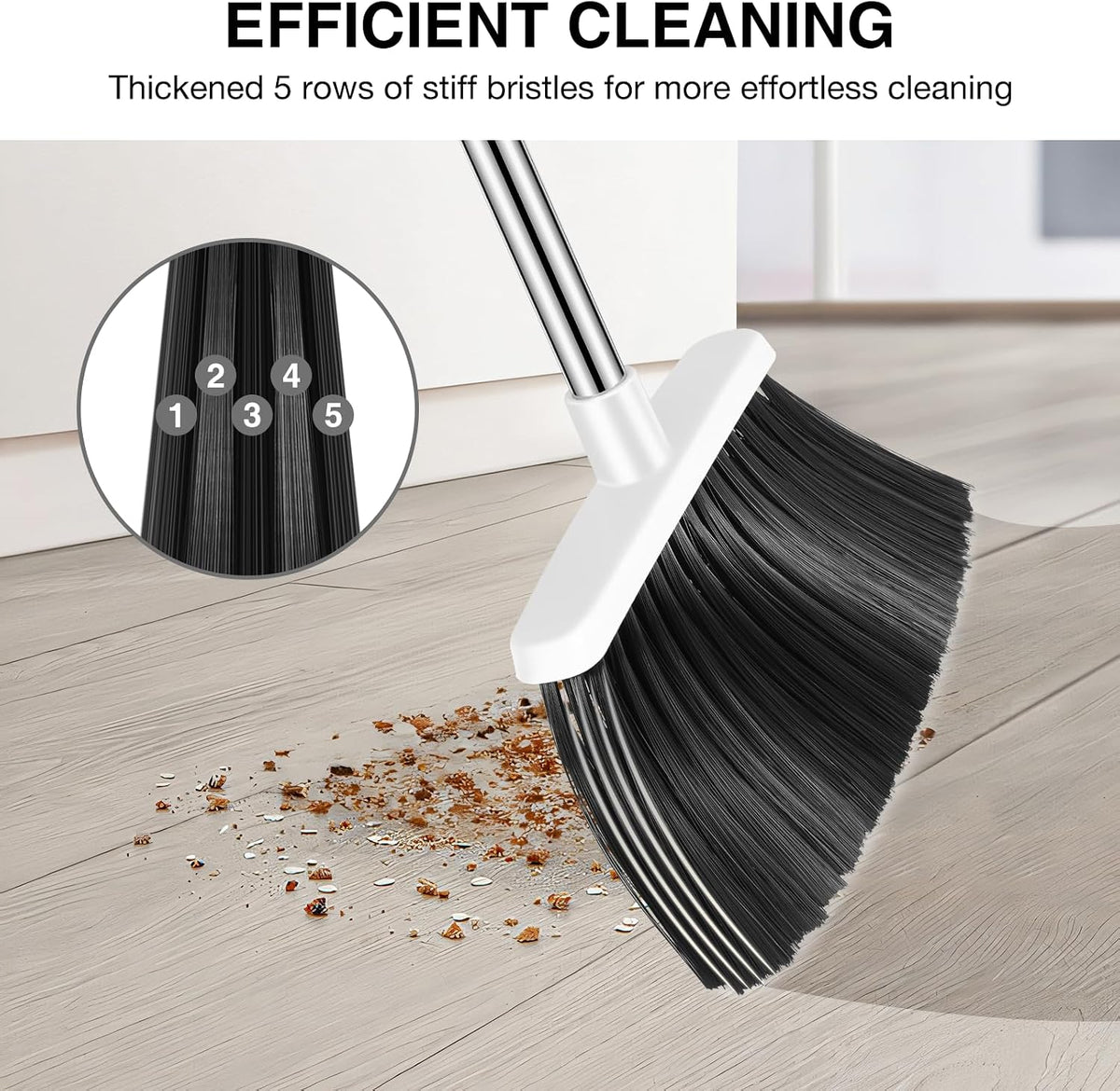 NACENA Broom and Dustpan Set with 52-in Long Adjustable Handle, Grey White