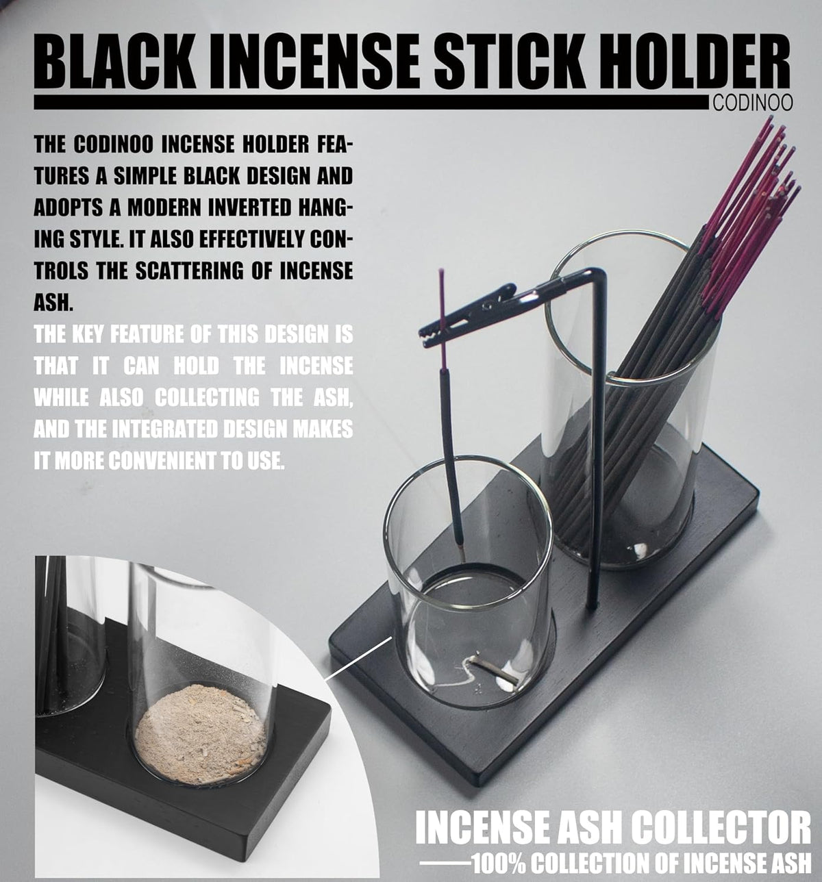 2 in 1 Incense Holder for Sticks Incense Burner Holder with Storage,Glass Upside Down Incense Holder for Sticks with Glass Ash Catcher for Meditation Yoga Spa Room Home Decor[Black]