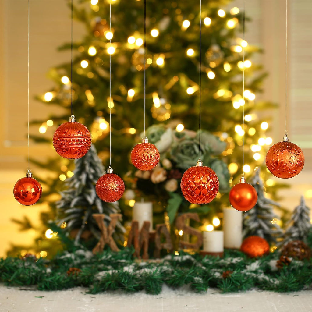Christmas Ball Ornaments Copper Orange Christmas Tree Decorations with Hang Rope-36pcs Shatterproof Christmas Ornaments Set with 6 Styles in 3 Sizes(Small Medium Large)