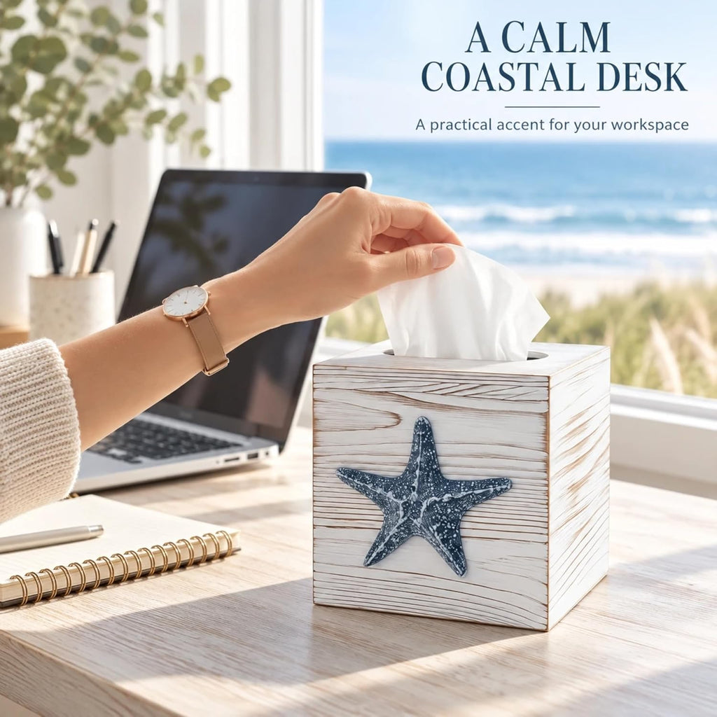 Coastal Tissue Box Cover Wooden Retro with Sliding Bottom Panel Beach Decor for Bathroom Bedroom Living Room,Starfish Decor Suitable for Coastal Gifts Beach House Gifts