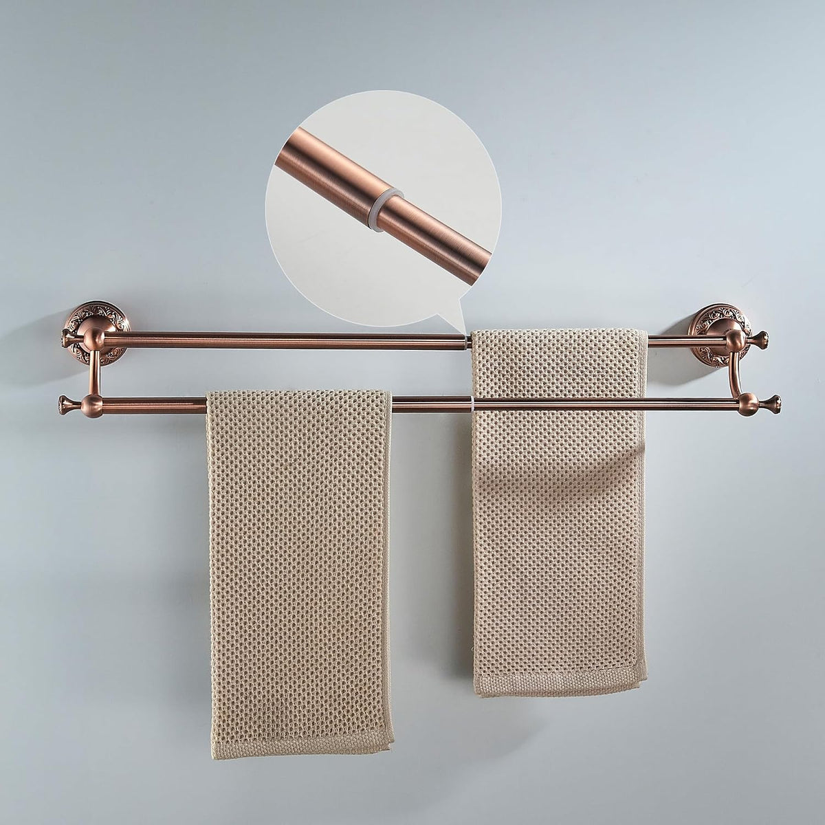 Red Copper Double Towel Bar, Adjustable 15.5 to 27.5 Inch Bath Towel Rack for Bathroom Towel Holder, Wall Mounted Black Bathroom Hardware Accessories,Pattern Carving Design