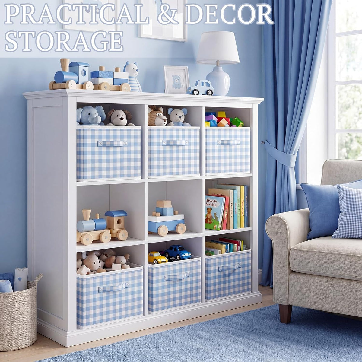 Yalikop 6 Pcs Blue Gingham Cube Storage Bins, 11 Inch Fabric Checkered Classroom Storage Bins Organizer with Handle Preppy Collapsible Cubby Basket for Classroom Home Nursery Playroom Bedroom