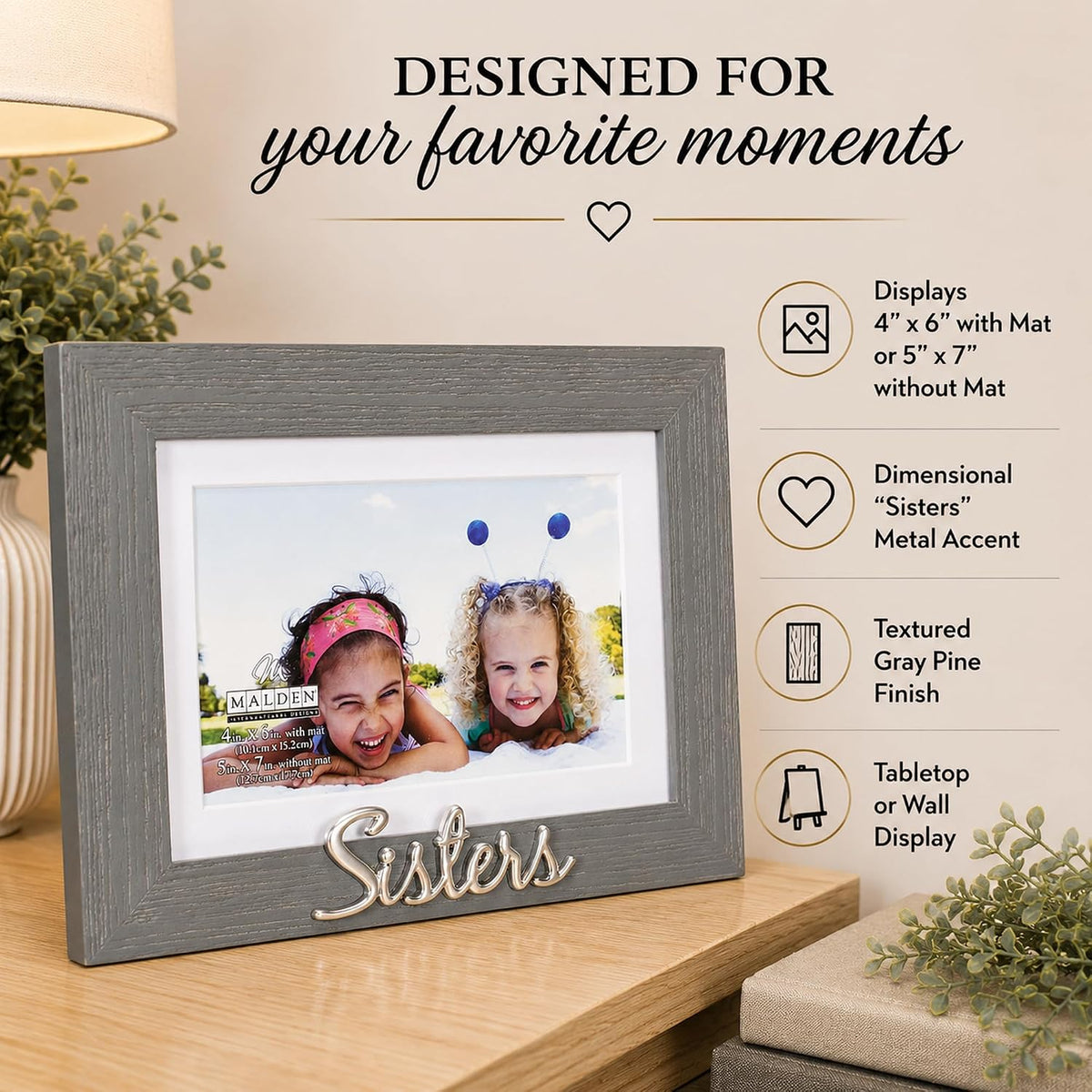 Malden Sisters 4x6 or 5x7 Matted Wood Frame, Gray with Silver Accent