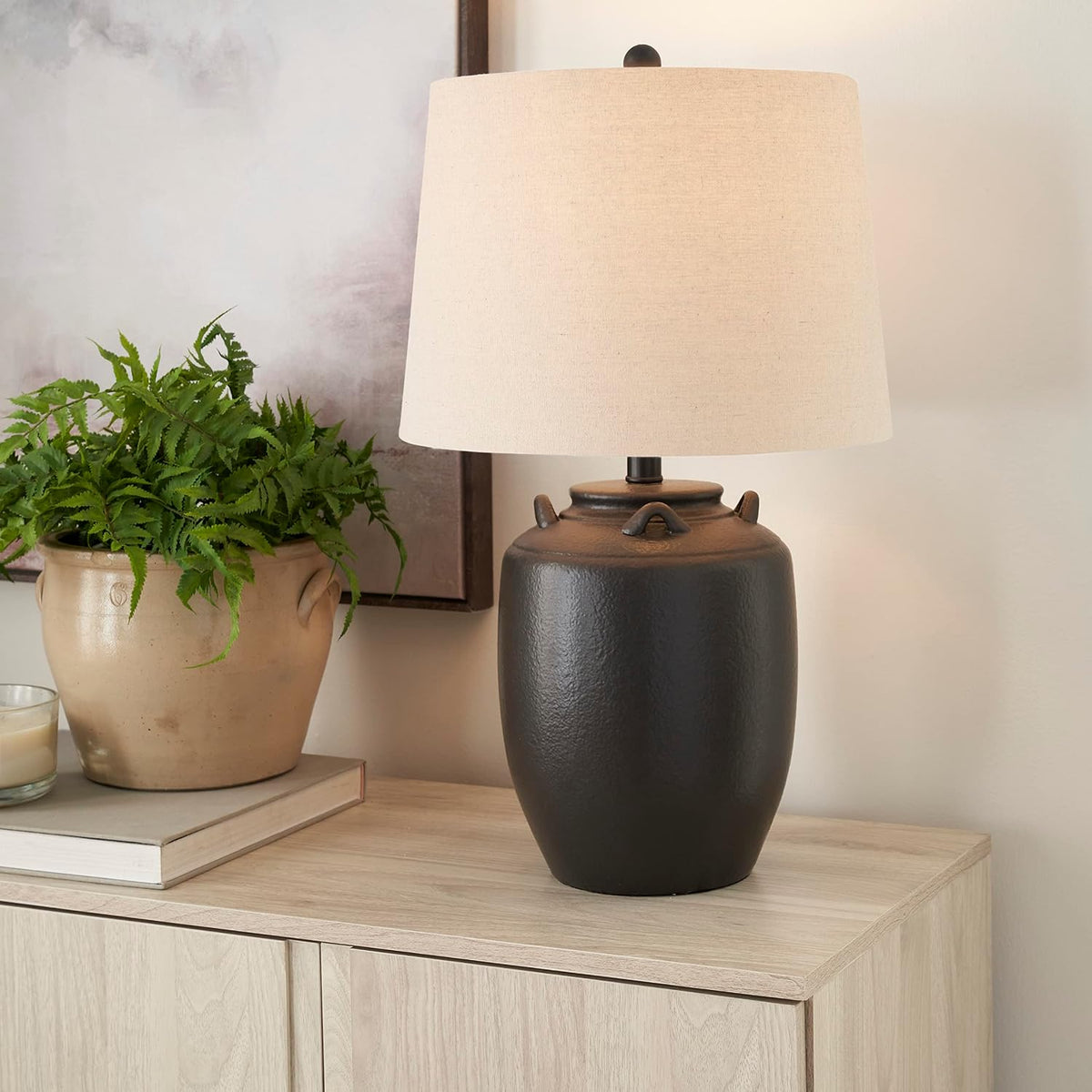 Nourison Home 24" Black Farmhouse Ceramic Pottery Jug Table Lamp for Bedside Table, Living Room, Office, Entryway