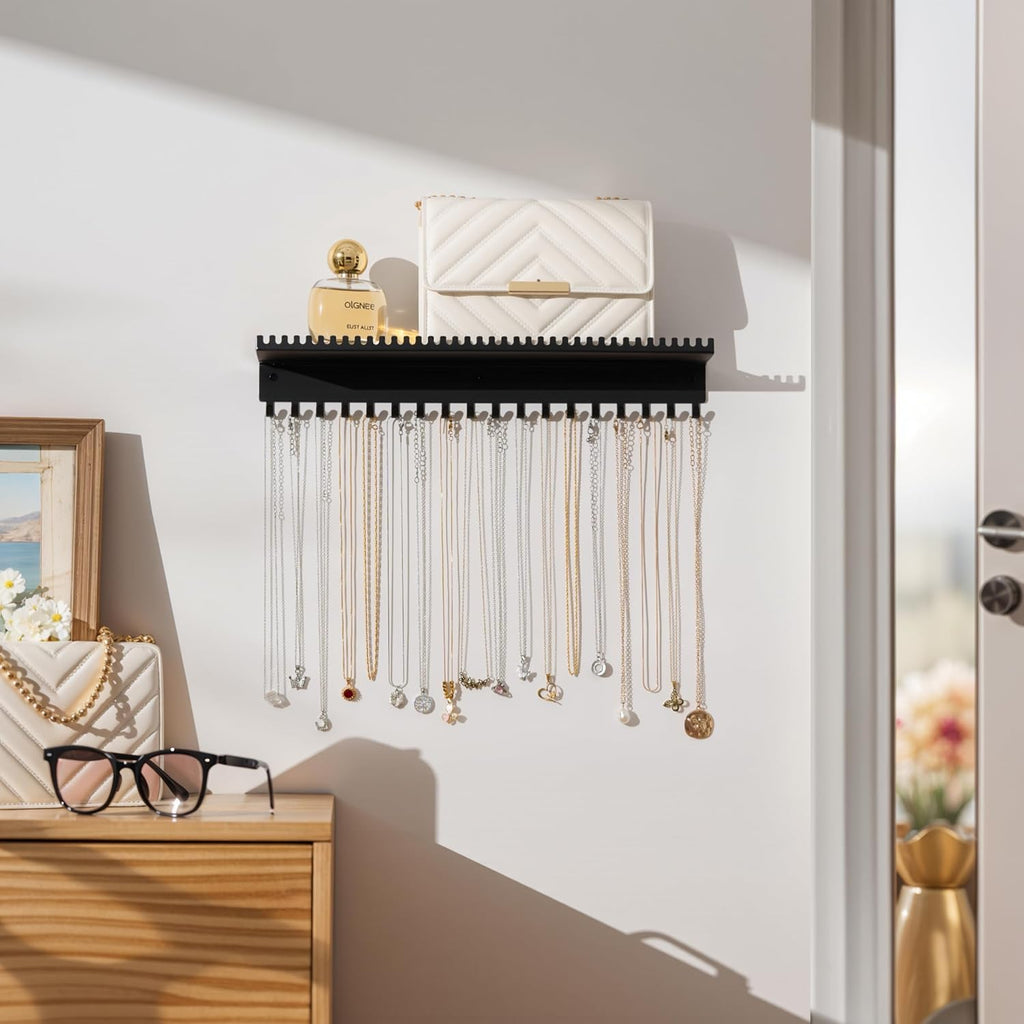 Wall Mounted Necklace Holder with Shelf, Wall Jewelry Organizer, Black