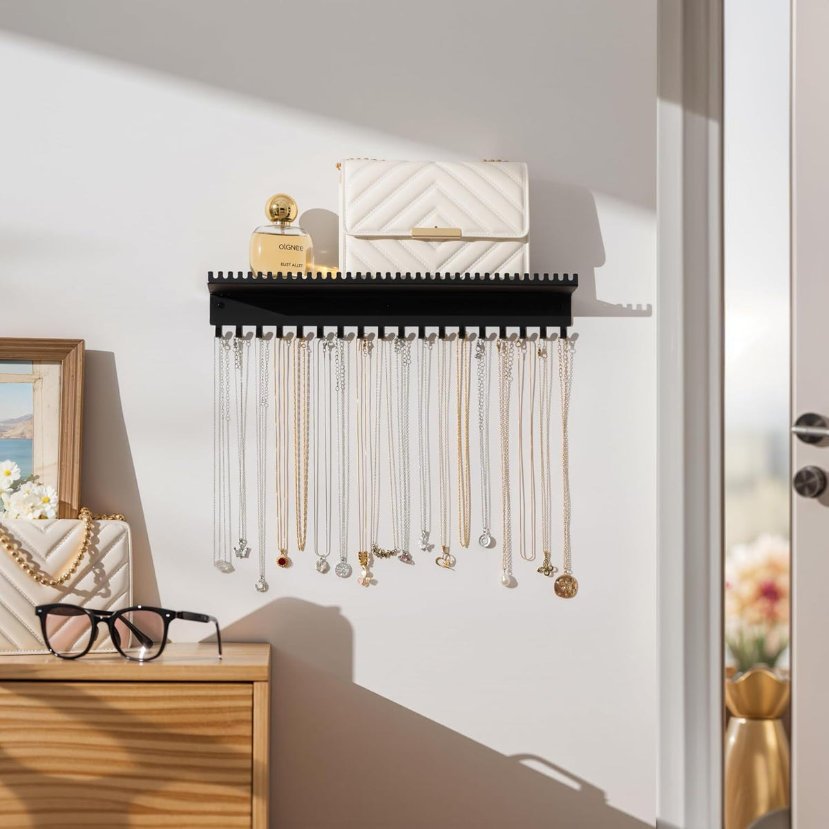 Wall Mounted Necklace Holder with Shelf, Wall Jewelry Organizer, Black