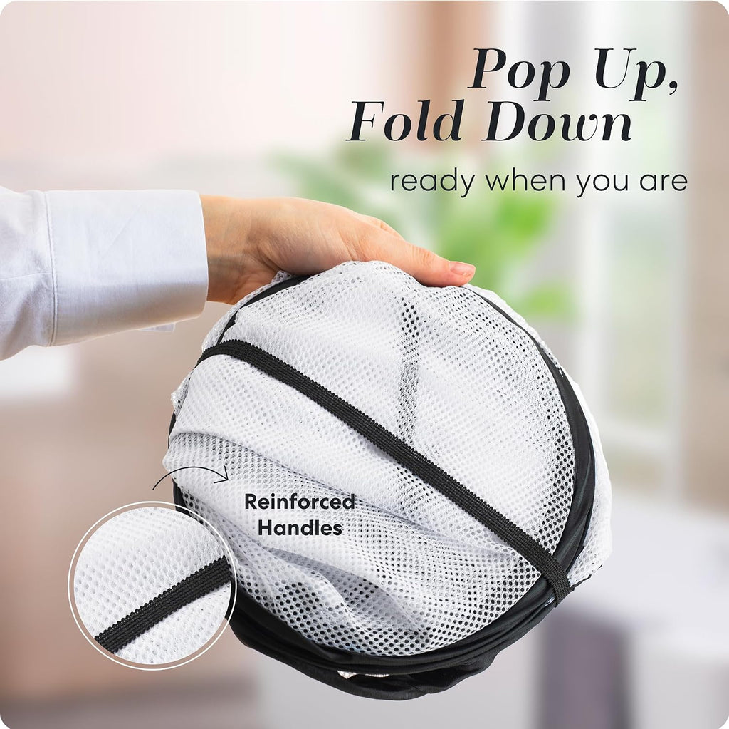 Foldable Laundry Basket - Popup and Collapsible, Durable Mesh Material, Folds for Storage, Easy Carry Handles - Great Hamper for College Dorm, Laundry Room or Travel (White-Black, 2-Compartments)