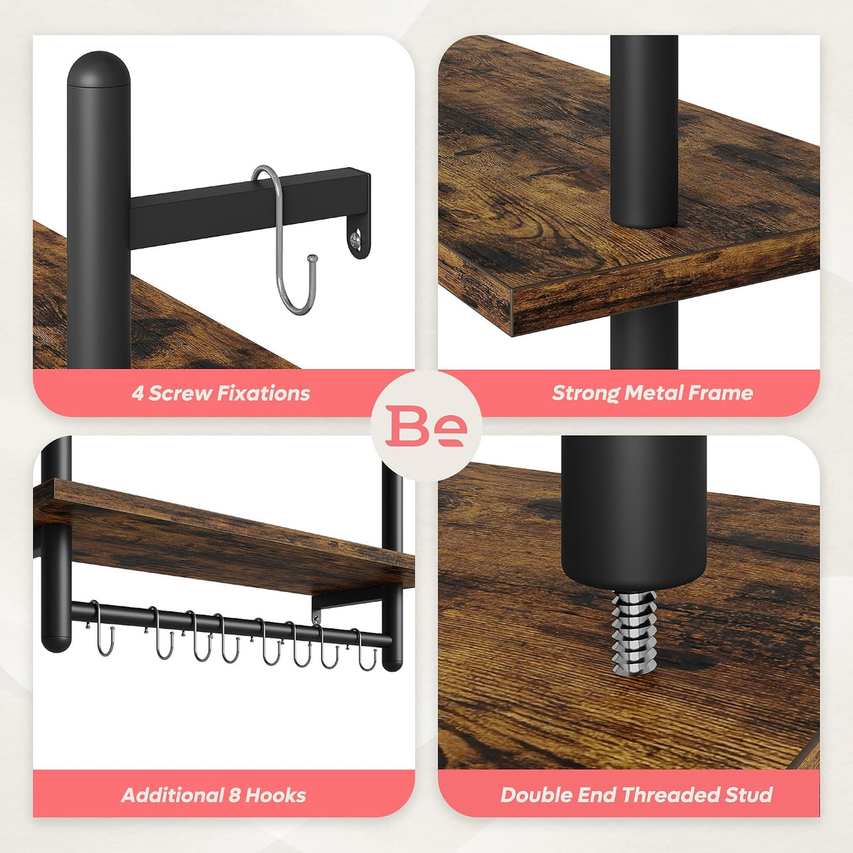 Bestier 24" 2 Tier Industrial Pipe Wall Shelf with 8 Hooks, Rustic Brown