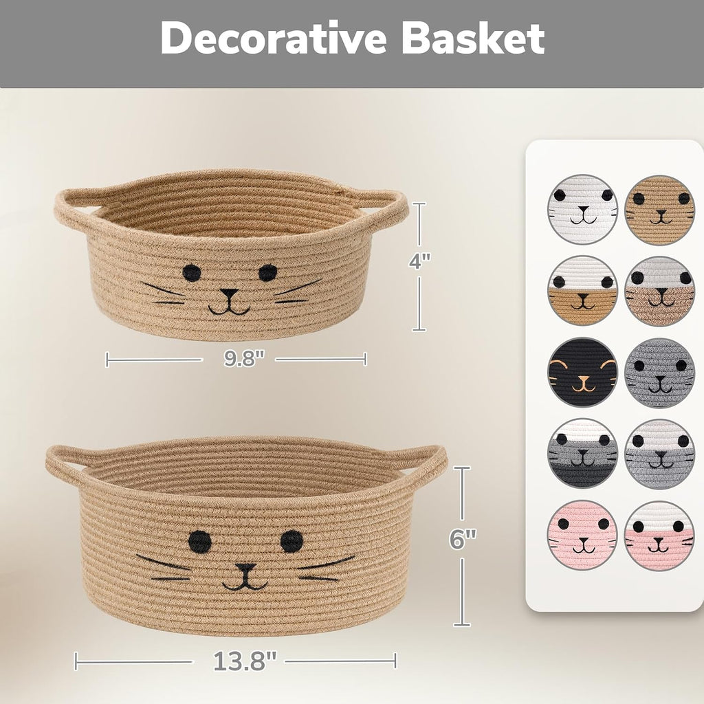 Medium Woven Rope Cat Toy Basket with Cat Face, Grey