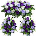 XONOR Artificial Cemetery Flower Saddles, Cemetery Memorial Flowers with Vase for Grave Tombstone Decorations (Purple White)