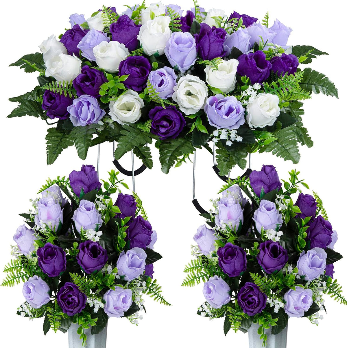 XONOR Artificial Cemetery Flower Saddles, Cemetery Memorial Flowers with Vase for Grave Tombstone Decorations (Purple White)