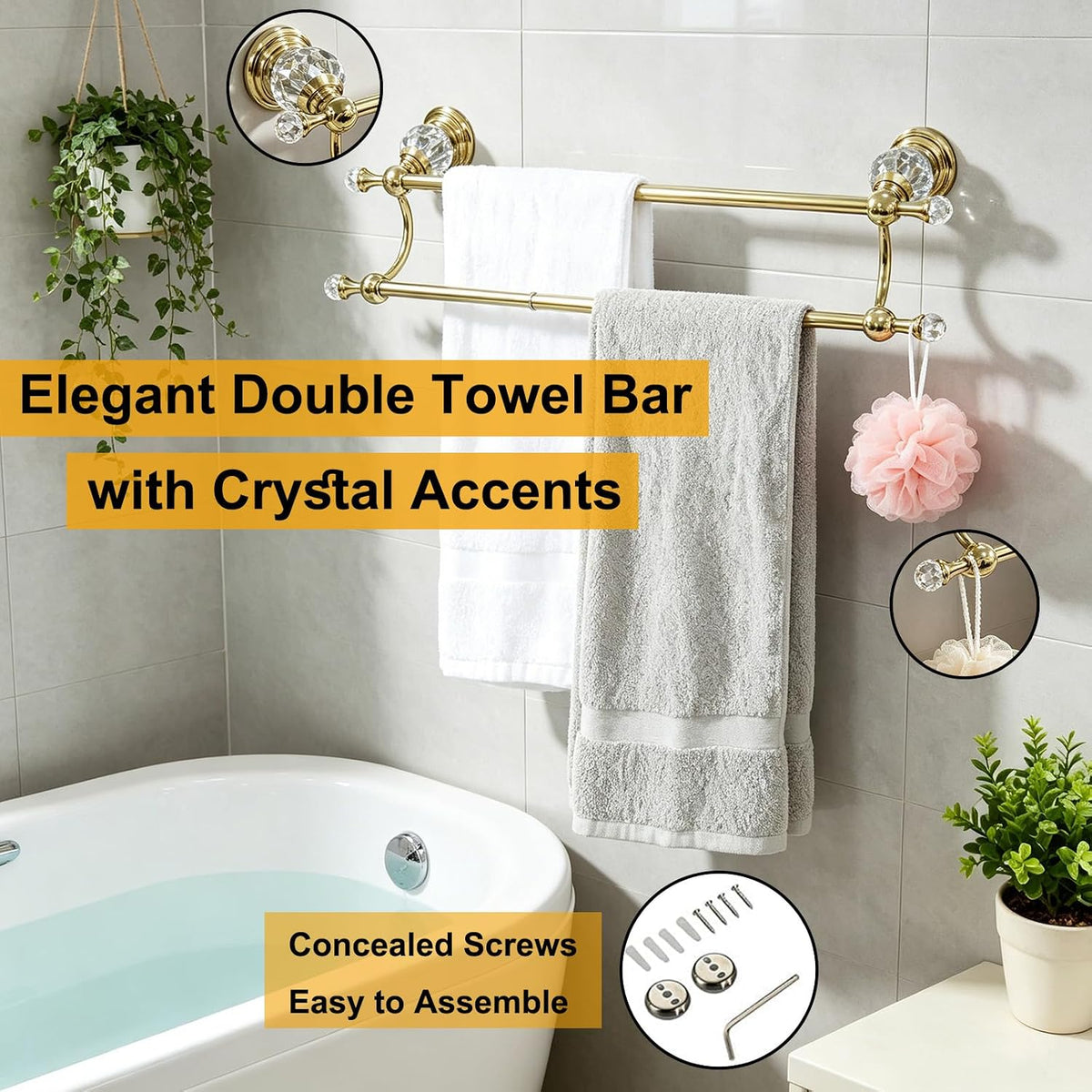 Gold Double Towel Bar, Adjustable Crystal Towel Racks for Bathroom