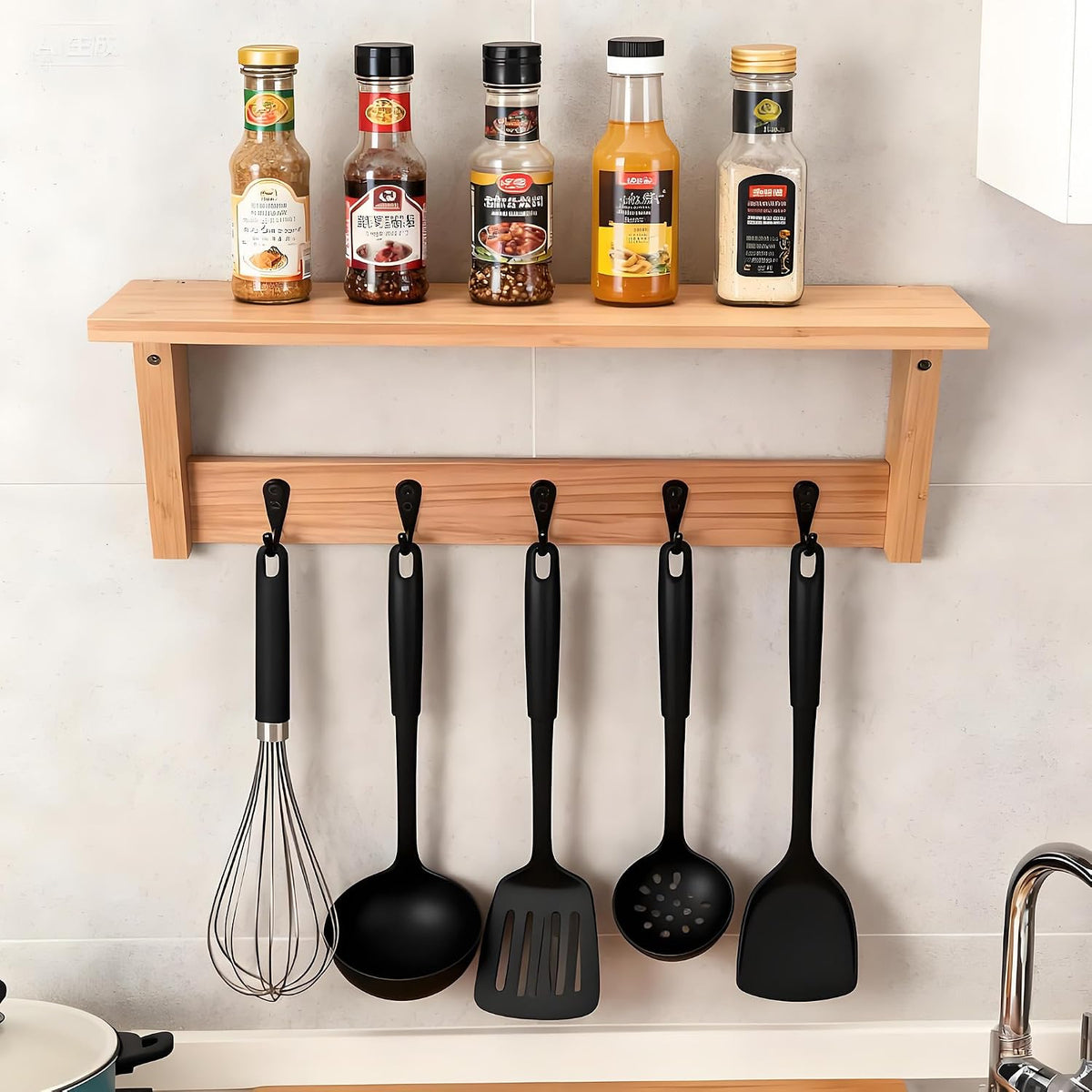 Wall Shelf with Hooks, Multi-Purpose Wooden Shelf & Metal Hooks for Home Entryway, Living Room,Office - Heavy Duty Coat Rack Organizer Hanging Coats, Bags, Key Holder