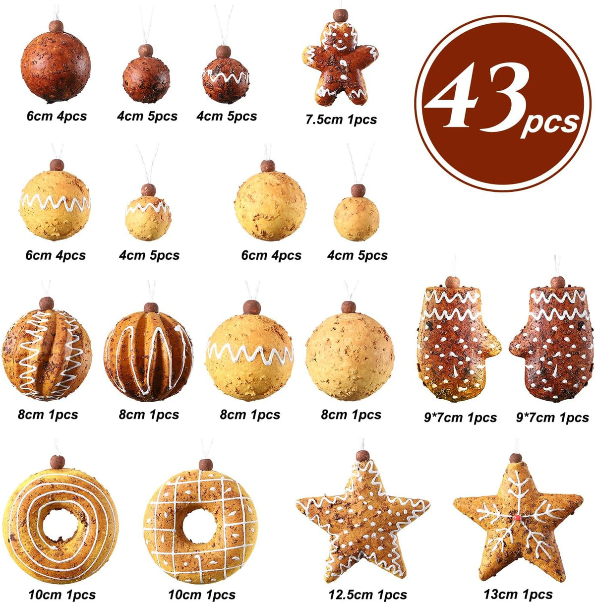 43PCS Baking Christmas Ornaments Set, Christmas Gingerbread Decorations Tree Hanging Ball Shatterproof Artificial Xmas Tree Hanging Ball for Indoor Home Holiday New Year Party Decor