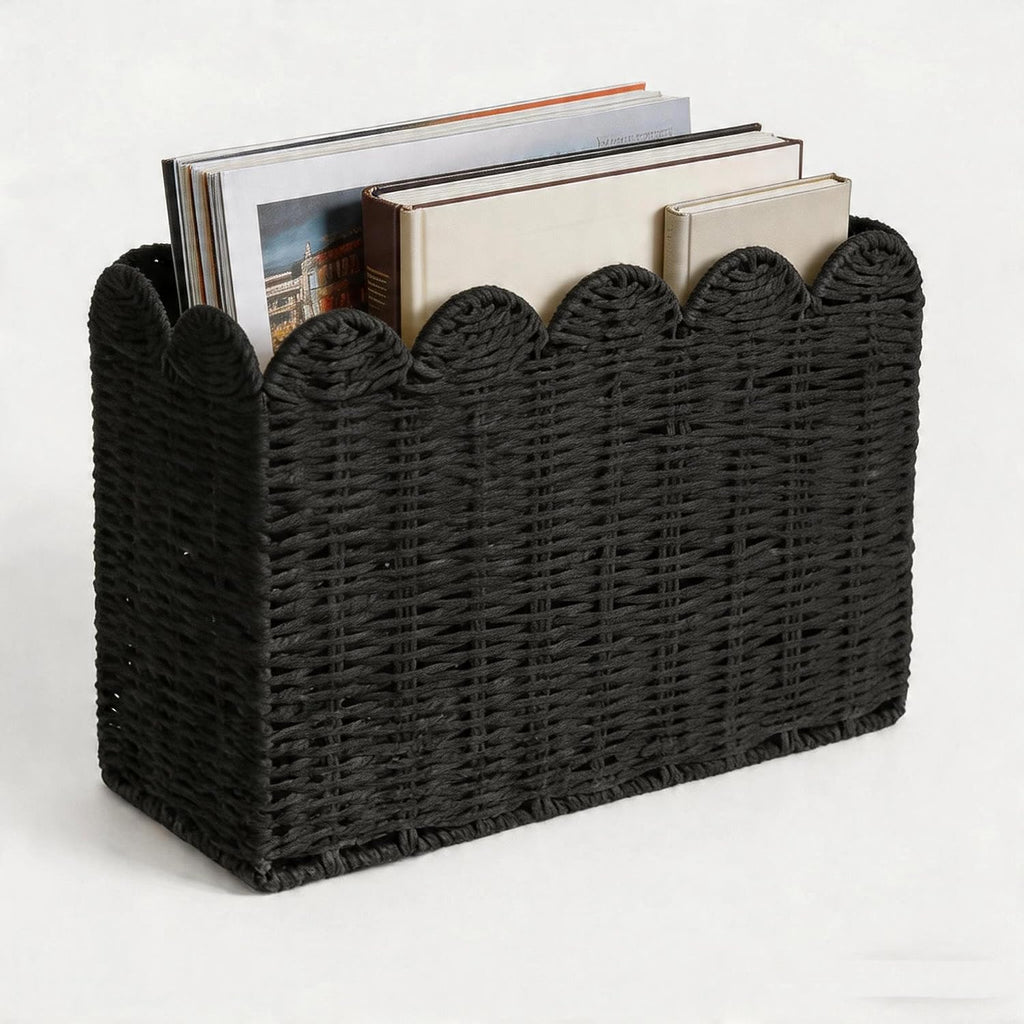 Black Paper Rope Magazine Holder, Scalloped Magazine Basket