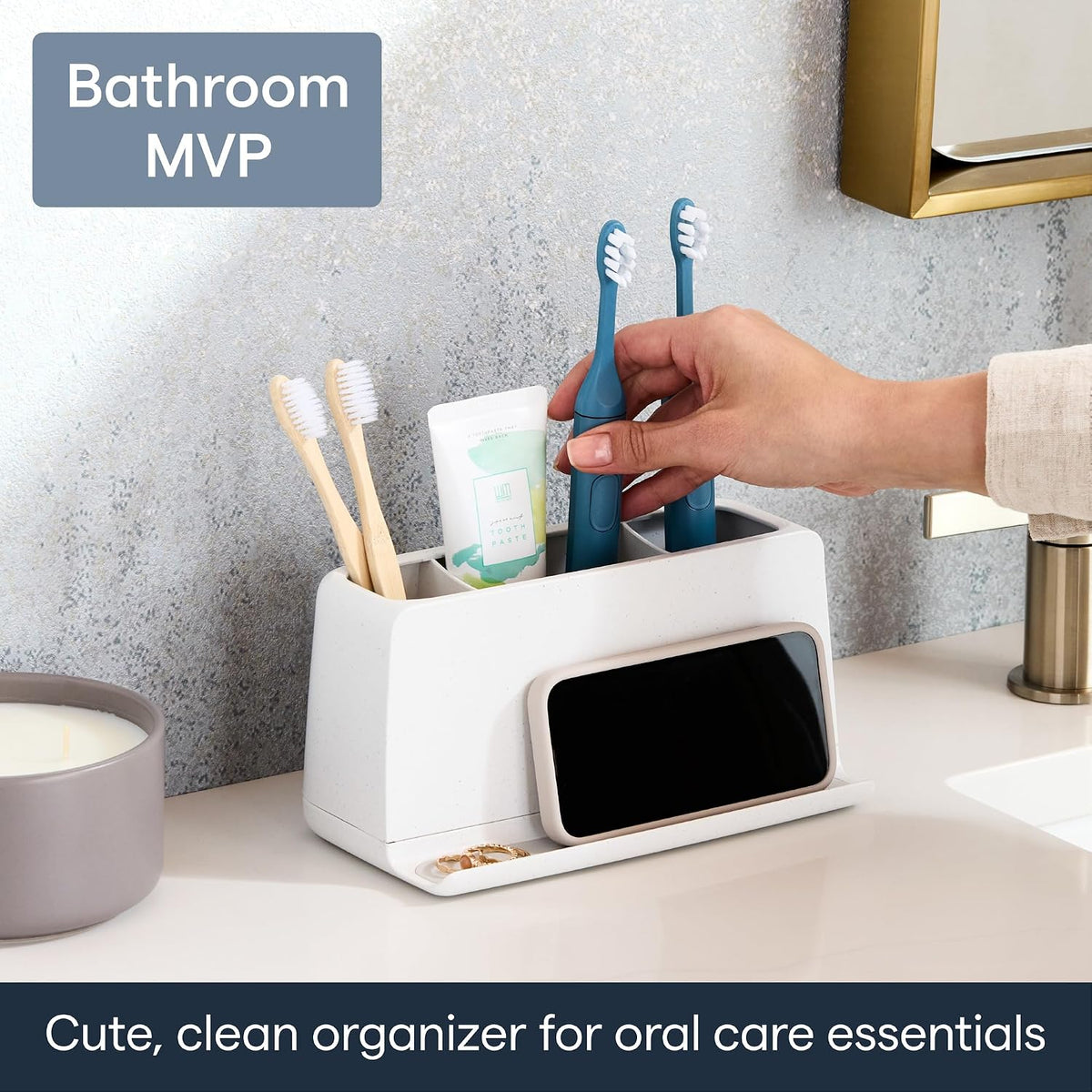 YouCopia The Ledge Toothbrush Holder, 3-Slot, Bathroom Vanity Counter Organizer with Cord Slots, Removable Base and Storage for Phones, Toothpaste and Accessories
