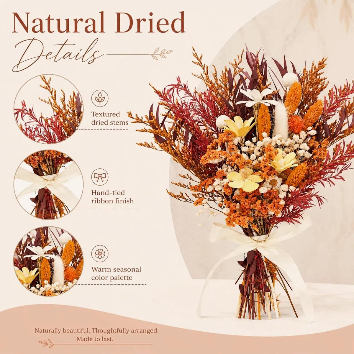 17" Dried Flower Bouquets, 100% Natural Dried Flowers with Dried Daisy,Dried Baby Breath,Eucalyptus,Orange Dried Flowers Decor for Vase Rustic Boho Home Decor,Party Fall Decor for Wedding Gift