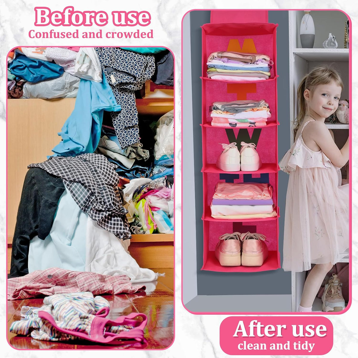 Hahafelt 2pcs 5 Shelf Weekly Clothes Organizer for Kids, Rose Red