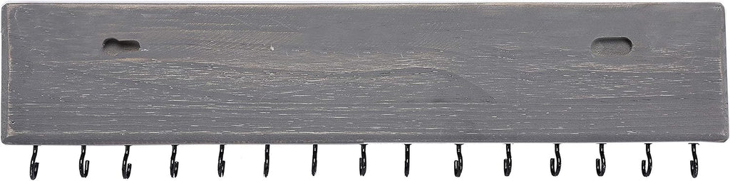 SANY DAYO HOME Jewelry Organizer with 30 Hooks and Cosmetics Shelf, 15 x 3 x 4 inches Wall Mounted Rustic Pine Wood Holder for Necklaces and Bracelets, Suitable for Kids and Adults (Gray)