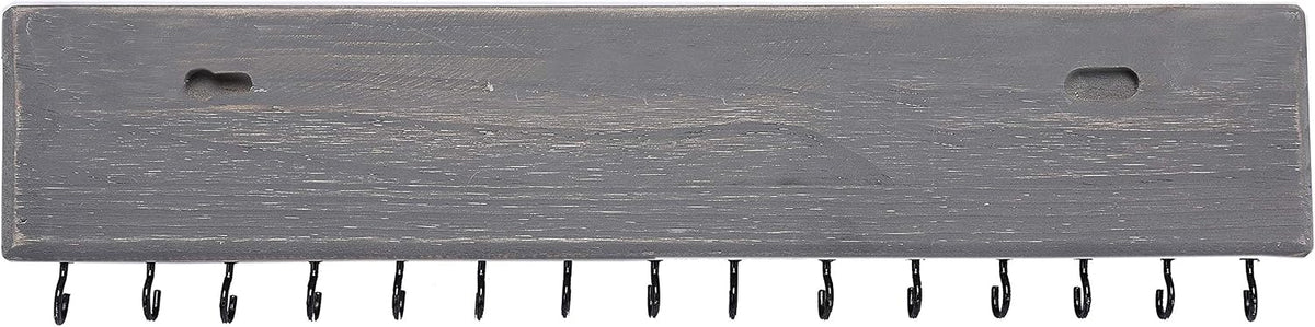 SANY DAYO HOME Jewelry Organizer with 30 Hooks and Cosmetics Shelf, 15 x 3 x 4 inches Wall Mounted Rustic Pine Wood Holder for Necklaces and Bracelets, Suitable for Kids and Adults (Gray)
