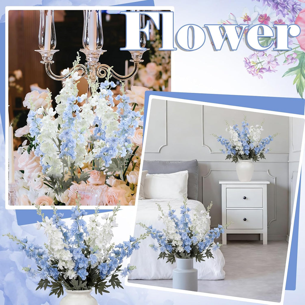 Thiccywoov 24 Pcs Blue, White Delphinium Artificial Flower Bulk, 34.25"