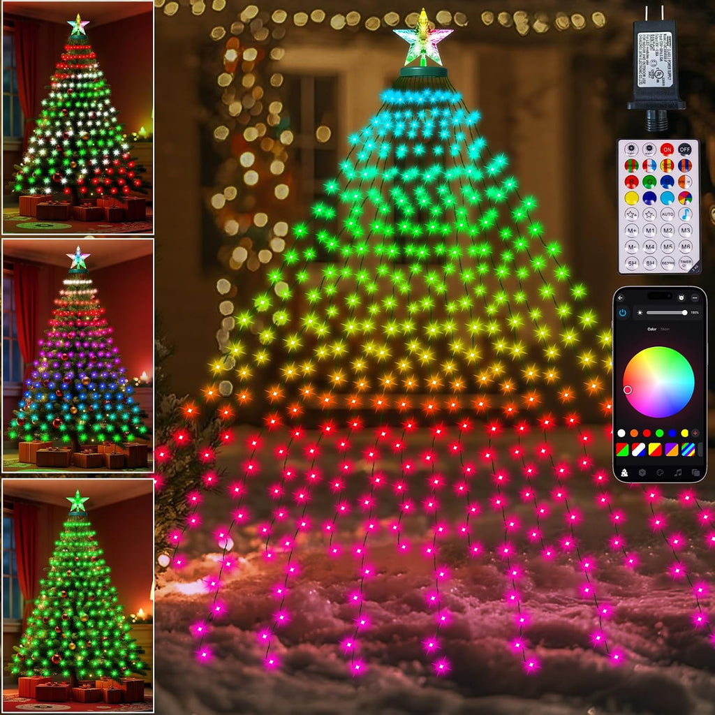 Smart Christmas Tree Lights with Star Topper, 394LED APP Control Music Sync Color Changing RGB Christmas String Lights, Cascading Twinkle Lights for Indoor Outdoor Xmas Tree Decorations