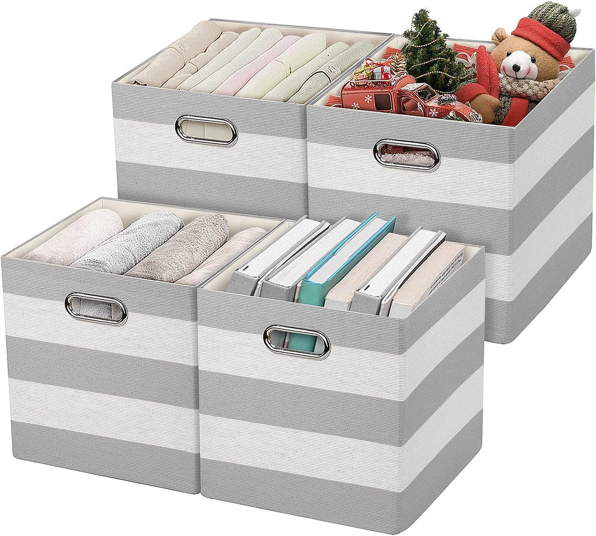 11x11 Storage Cubes Collapsible Fabric Bins Set of 4,Grey-white Striped