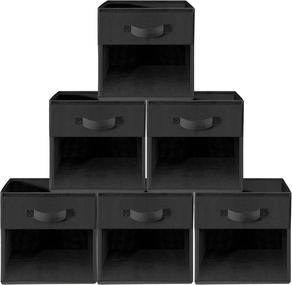Storage Cubes, 13 Inch Cube Storage Bins With Clear Window, 6 Pack, Foldable Cubes With Handles, Closet Storage Organizer Bins, Cubby Clothing Storage Baskets for Shelves, Black