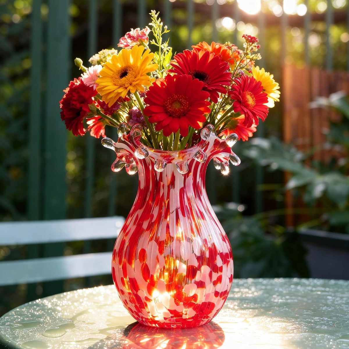 Hand Blown Glass Vase for Flowers, 8 Inch Red Crystal Bubble Flower Vases