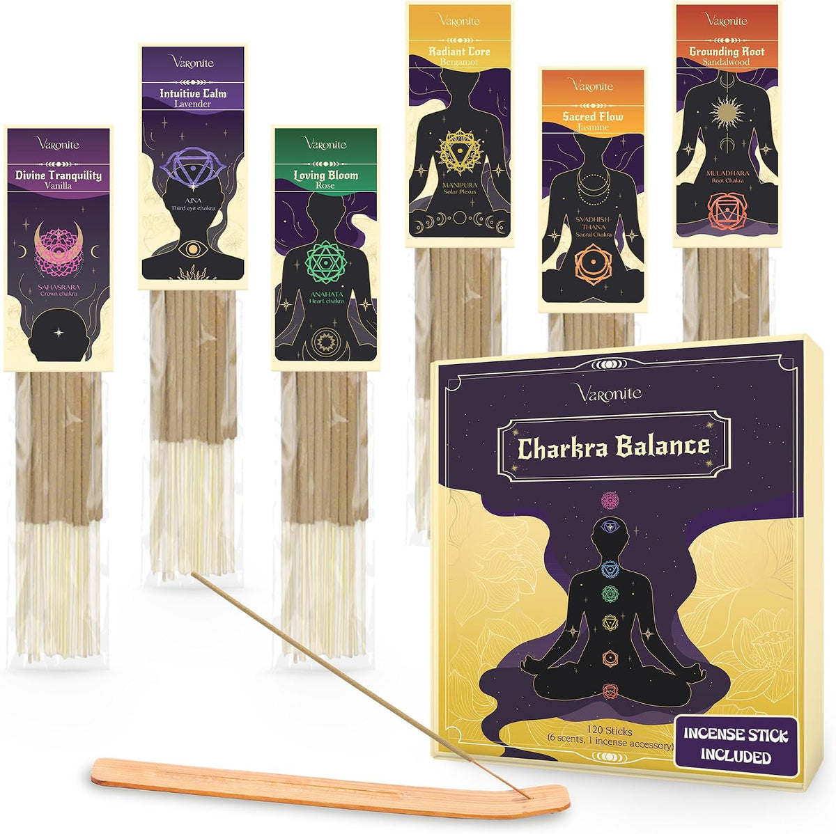 Incense Sticks - Charka Balance Incense Stick Variety Pack of 6 (120 Insence-Sticks) with Holder: Sandalwood, Bergamot, Jasmine, Lavender, Rose, Vanilla – 7 Chakras Inscents-Stick
