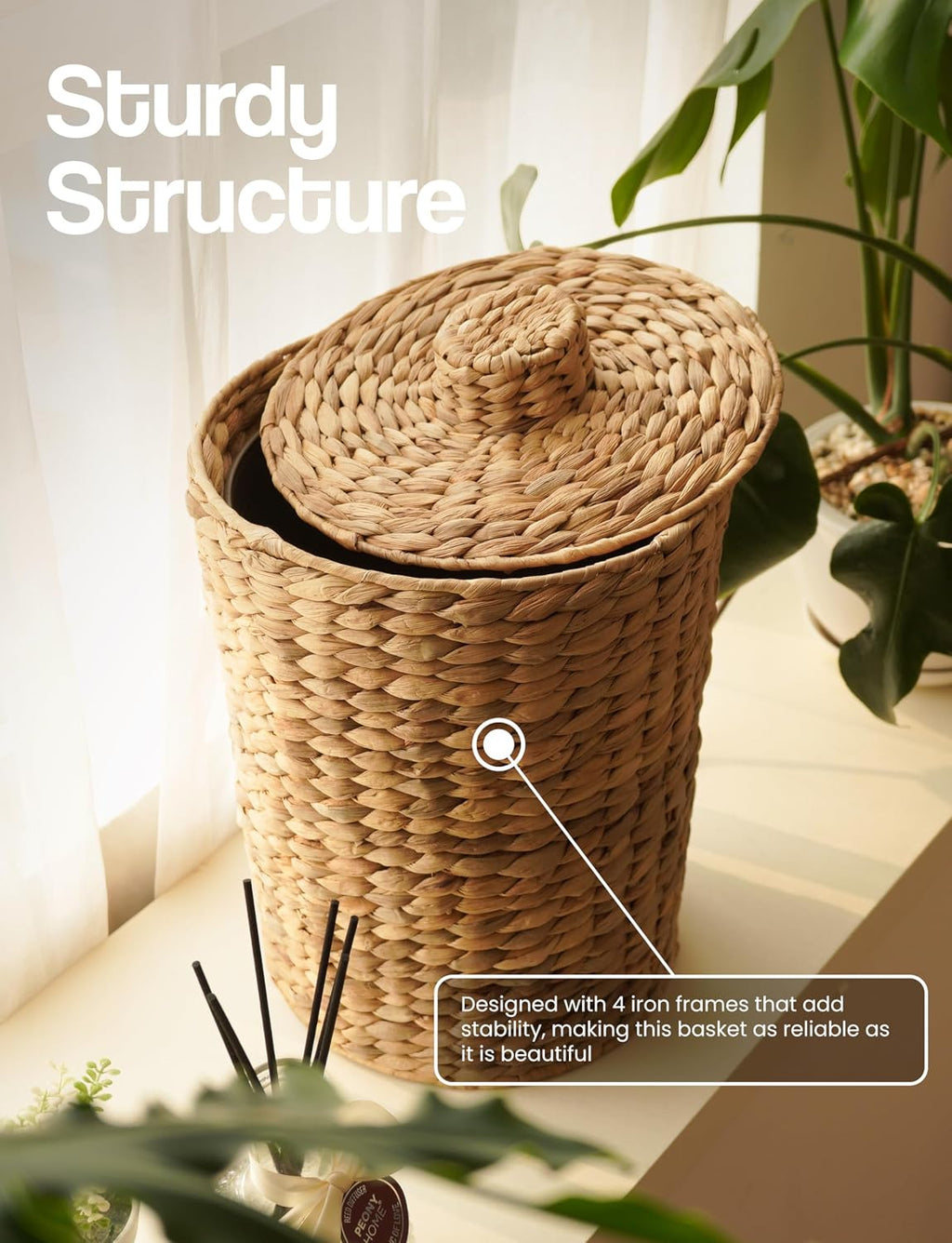 Tidita Set 2 Water Hyacinth Wicker Wastebasket for Bathroom, Lid Included