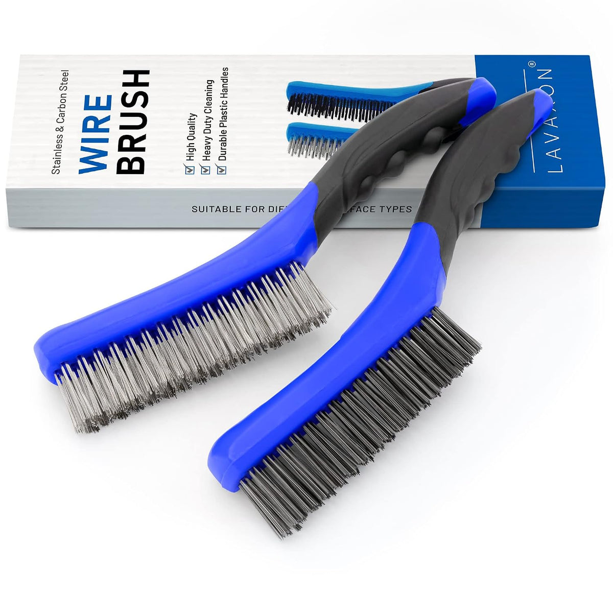 Lavaxon Wire Brush Set-Heavy Duty Stainless & Carbon Steel Bristles with Plastic Handle Grip for Rust, Wielding Slag, Dirt & Paint Scrubbing with Deep Cleaning – 10 Inches (Pack of 2-Blue)