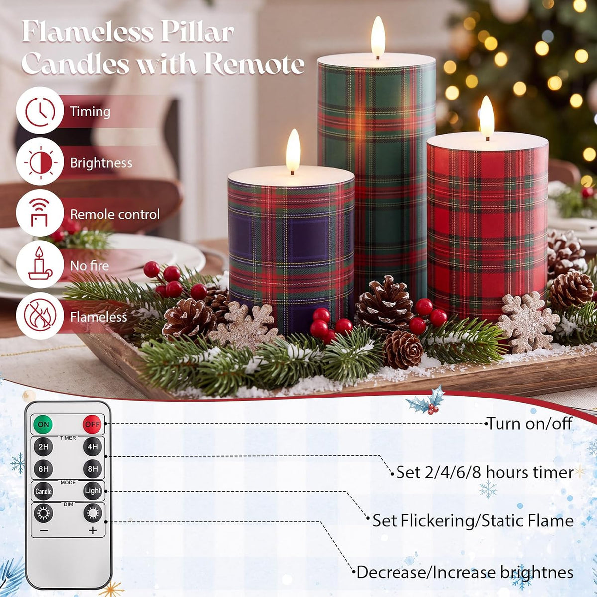 Retisee 3 Pcs Christmas Flameless Candles Real Wax Plaid LED Candles 4/5/6"
