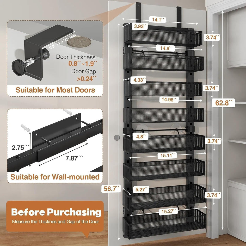 Over The Door Organizer, 8-Tier Heavy-Duty Metal Mesh Rack, Adjustable Large Baskets, 2-in-1 Hanging or Wall Mount Spice Rack, Behind The Door Organizer for Bedroom Closet Bathroom Pantry Kitchen