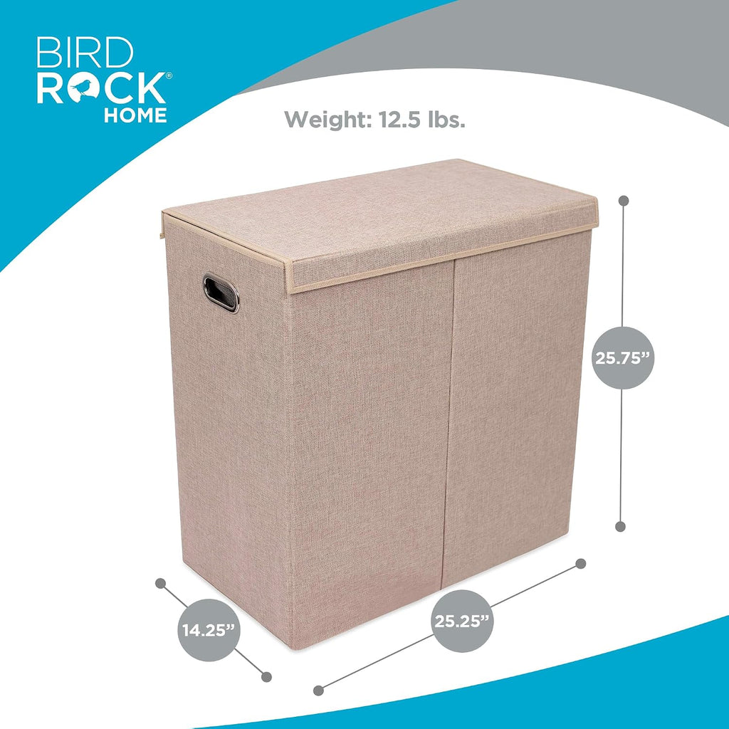 BIRDROCK HOME Tall Double Laundry Hamper with Lid, Cream, 25.75”