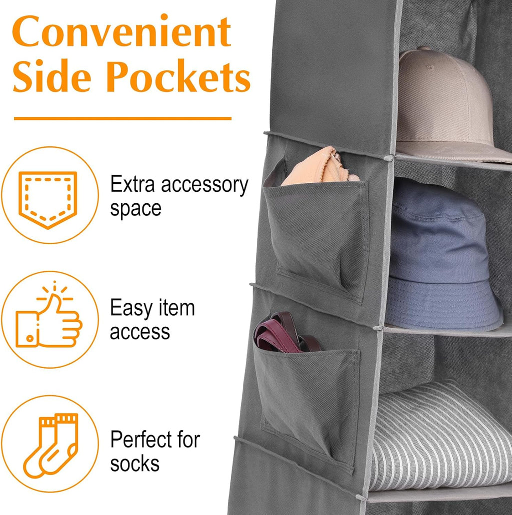 2 Pcs Hanging Closet Organizer, 6-Shelf Storage with 2 Side Pockets and Hooks, for Clothes Sweaters Shoes Accessories, Space-Saving for Dorm RV Small Closet, Grey