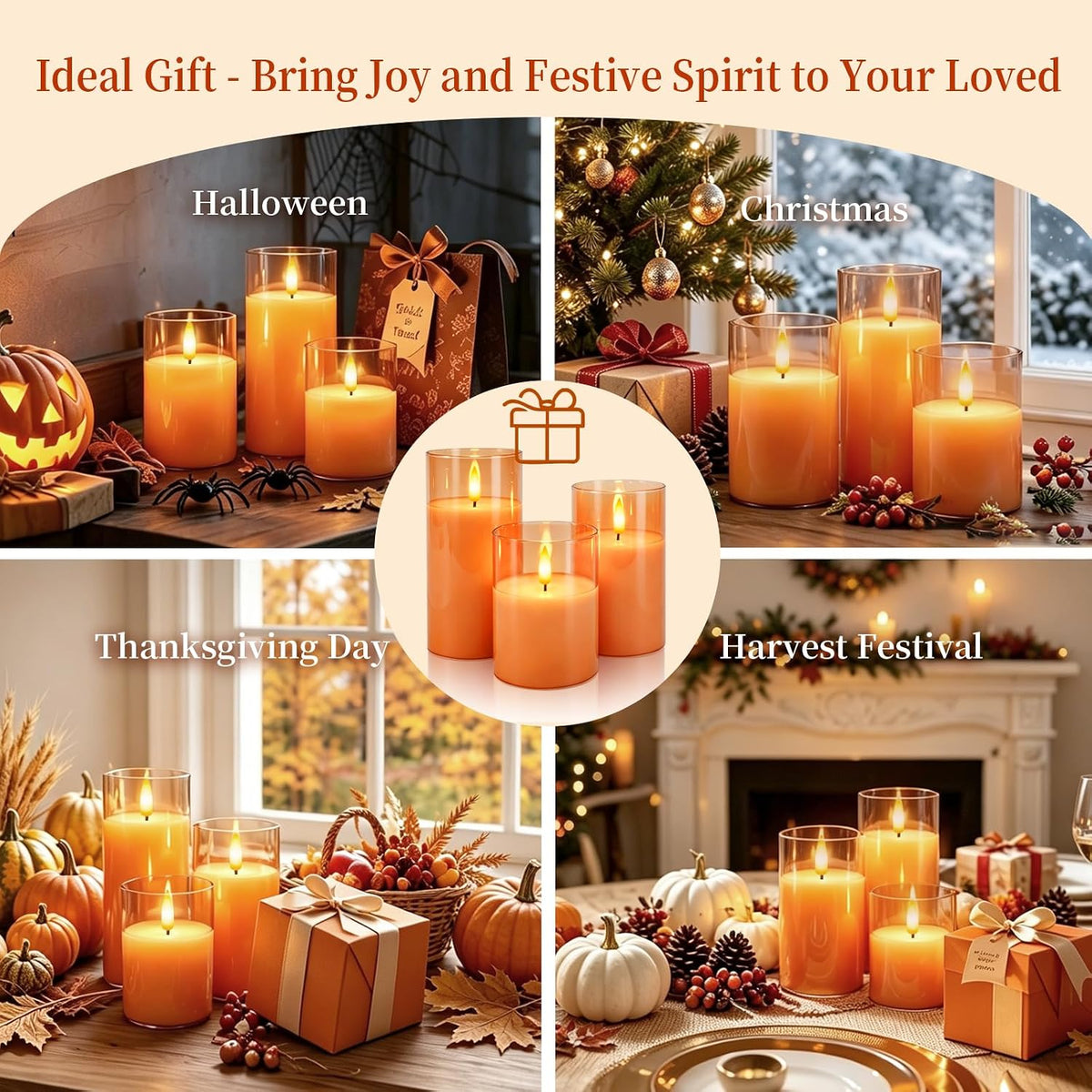 Amagic Orange Halloween Glass Flameless LED Pillar Candle with Remote Timer