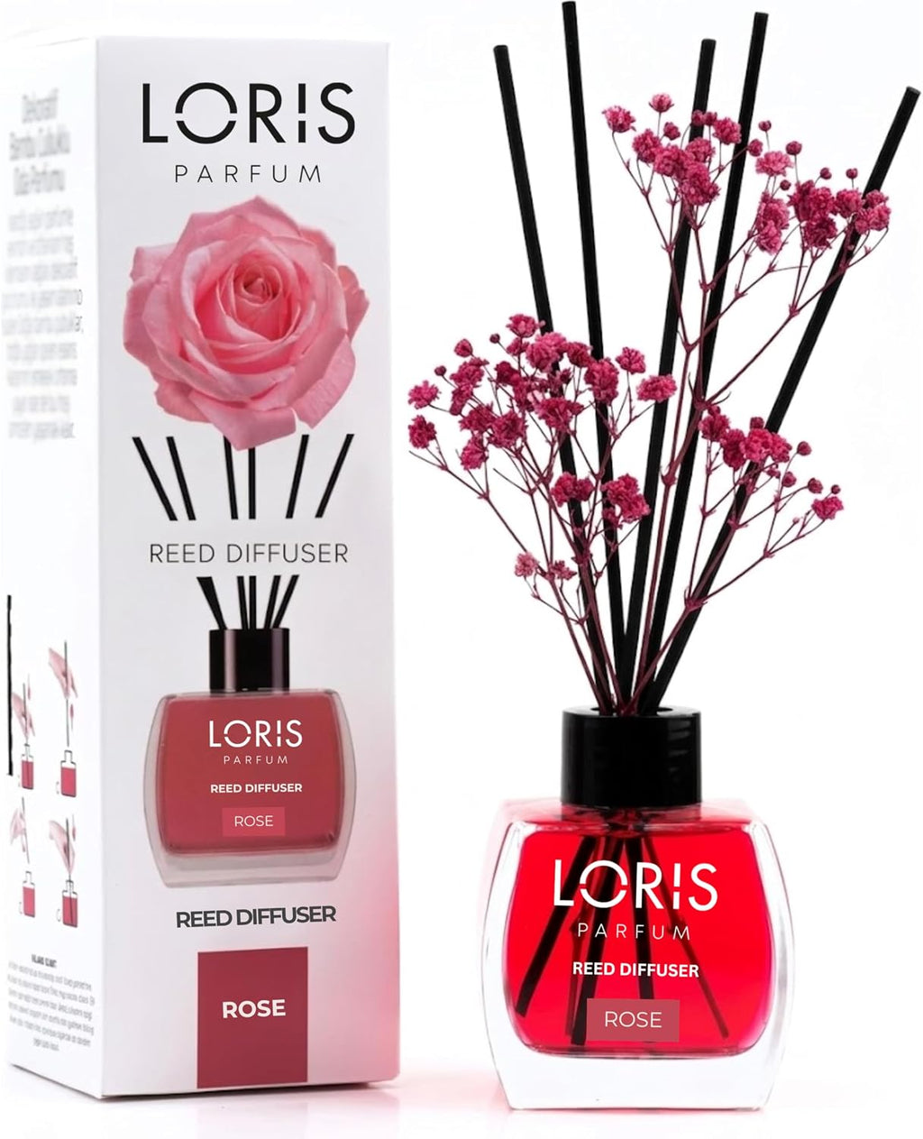 Loris Rose Reed Diffuser Set with Dried Flowers | Reed Diffusers for Home with Sticks | Bathroom Diffuser & Room Scent | Long-Lasting Home Fragrance | 120 mL / 4.06 fl oz