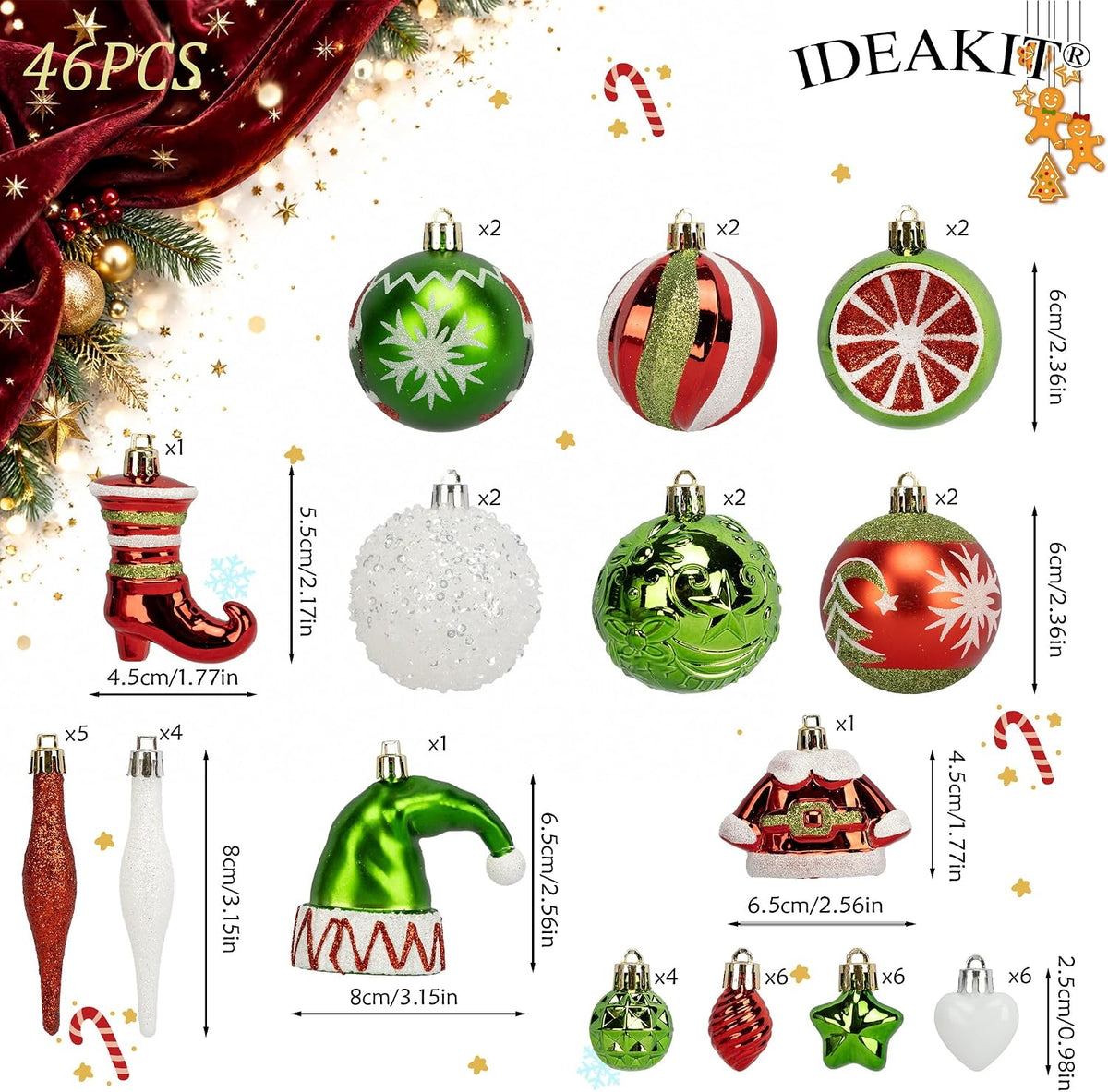 46PCS Christmas Ornament Set, Red, Green & White Tree Decorations