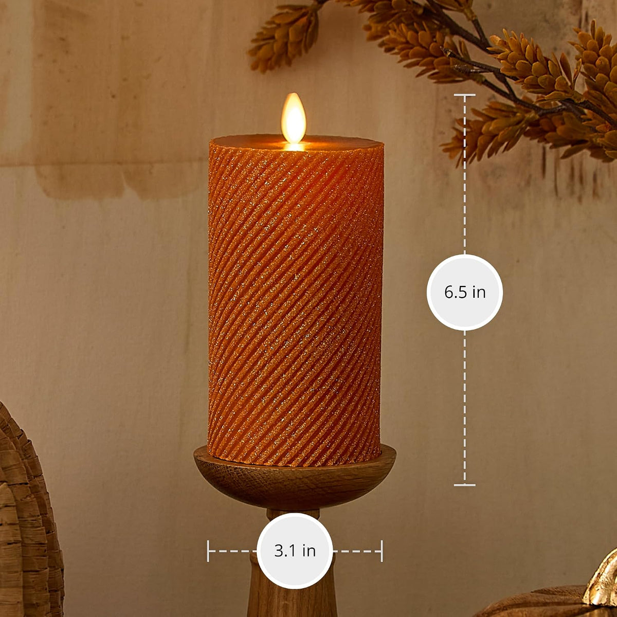 Luminara - Flameless Flickering Moving Flame Battery Operated, Remote Ready, Unscented Candle LED Décor & Gift- Ribbed Pillar (Marmalade Glitter, 3.1" x 6.5")
