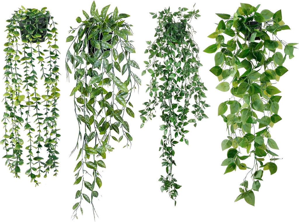 Sggvecsy Fake Hanging Plants 4 Pack Artificial Hanging Eucalyptus Plants Fake Potted Greenery Faux Eucalyptus Mandala Vine Ivy Vine Leaves Pea Pod for Home Indoor Outdoor Wall Garden Decor
