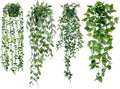 Sggvecsy Fake Hanging Plants 4 Pack Artificial Hanging Eucalyptus Plants Fake Potted Greenery Faux Eucalyptus Mandala Vine Ivy Vine Leaves Pea Pod for Home Indoor Outdoor Wall Garden Decor