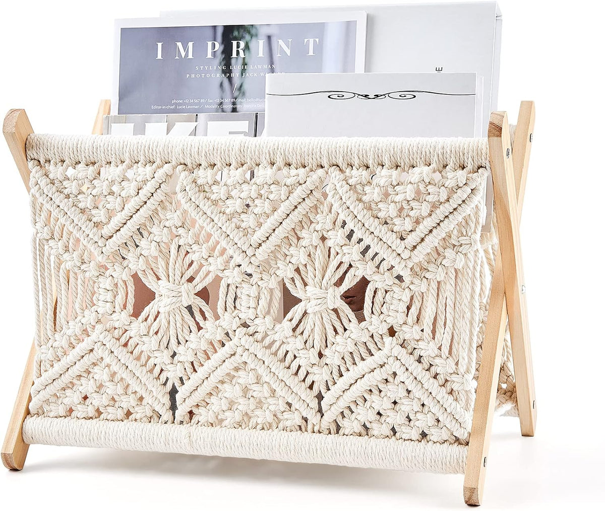 Mkono Macrame Magazine Holder, Boho Woven Book Rack Basket, 14" L x 10" W